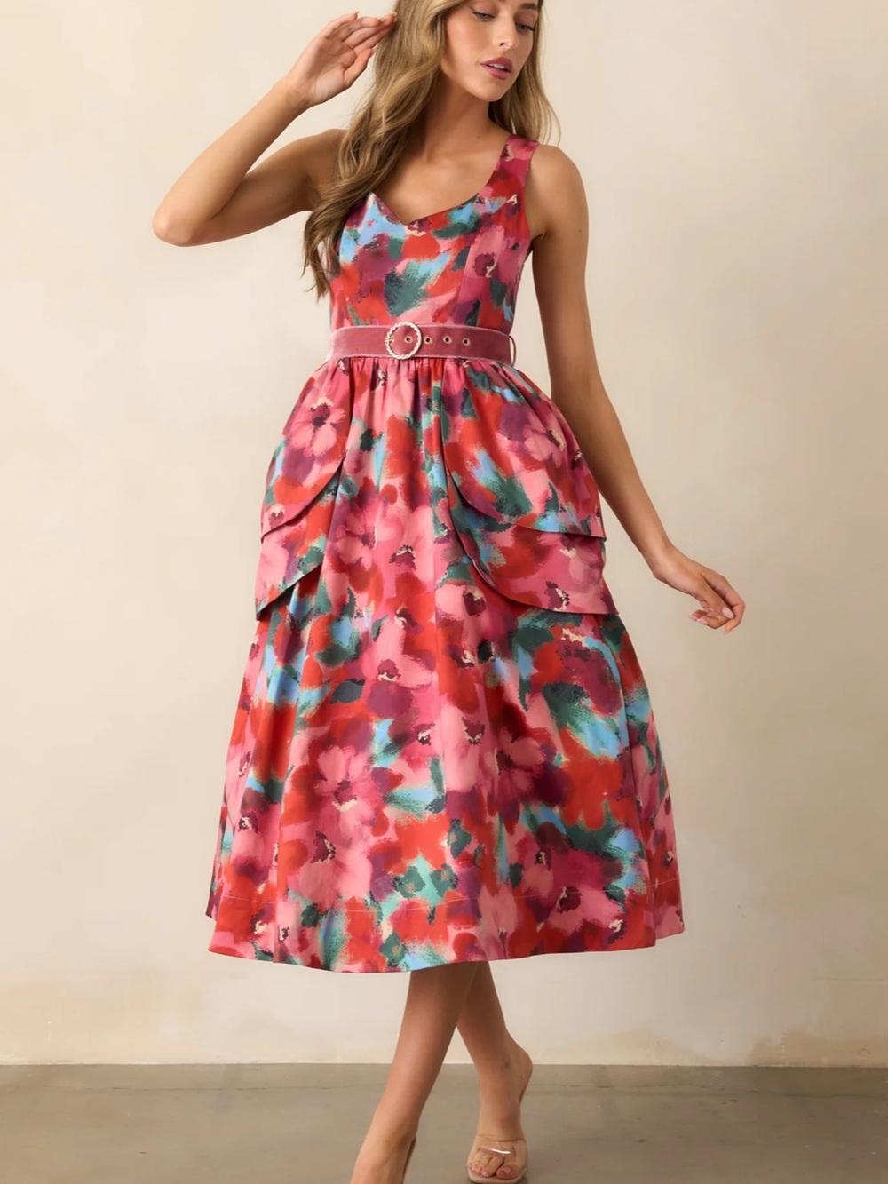 PROSPERINA DIANA PINK MULTI FLORAL PRINT COTTON BELTED MIDI DRESS